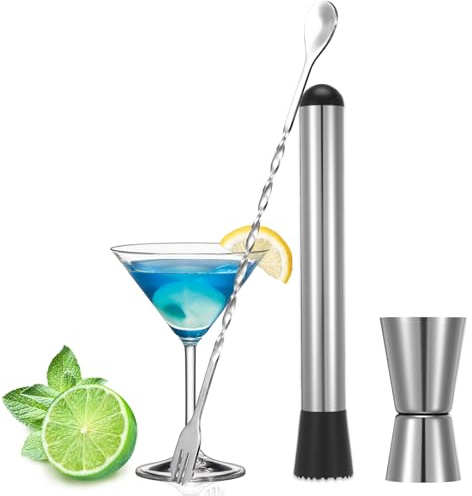 Wanmu 3-Pcs Muddler for Cocktails Set, 10 Long Handle Bar Spoon with 0.5/1 OZ Double Jigger, Rust-Resistant Stainless Steel Bar Accessories Tools for Mojitos Fruit Drinks Mixing