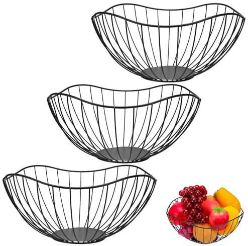 3 Pcs Metal Fruit Bowls Baskets, 27x12cm Black Large Wire Fruit Baskets