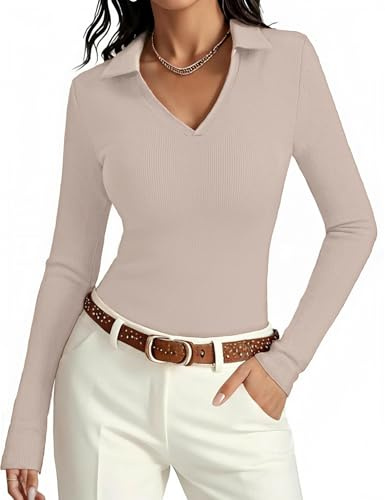 Aottori Maglia Donna Manica Lunga Poloshirt Scollo a V Slim Fit | Maglietta, Aderente, Basic Top, Costine, Elegante, Elasticizzato, Tinta Unita Casual, Business
