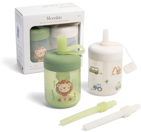 Moonkie Pipmugg Baby med Sugrör i Silikon, 2-pack Barnmugg 150 ml från 6 Månader, Spillfri Mugg med 2 Sugrör för Olika Flöden, Lock och Måttmarkeringar, BPA-fri, Tål Diskmaskin | Silikon av livsmedelskvalitet, dubbla sugrör, sugrörslock, spillbeständigt, BPA-fritt, diskmaskinssäkert, mätmärken