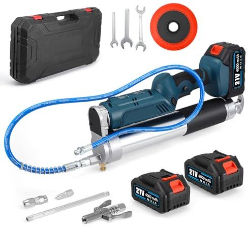 Reomdara Engrasadora Bateria, Battery Grease Gun de Alta Eficiencia de 5.3oz/min 12 000PSI con 2*4 Ah y Cargador, Manguera de 100 cm, luz LED, Capacidad de 600 ml para Camiones, Granjas, Construcción
