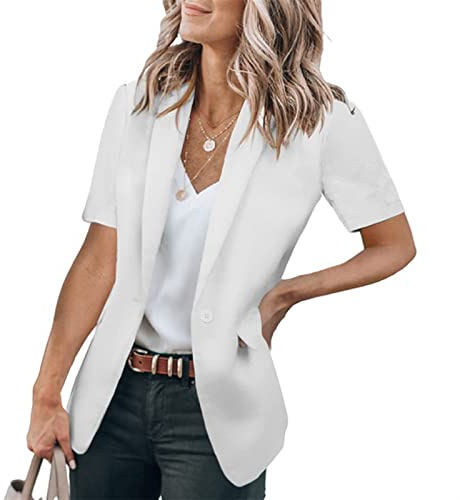 Sawmew Blazer de Manga Corta con Cuello en V para Mujer, Chaqueta Elegante de Verano con un botón, Chaqueta Americana Larga, Chaqueta Ajustada para Mujer para Negocios y Ocio