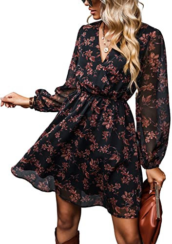 CUPSHE Damen Kleid Wickeloptik V Ausschnitt Langarm Blumenmuster Chiffon Freizeitkleider Wickelkleid Party Mini Dress Blumen M