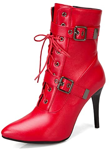 Viéctaa Bottines Femme Sexy à Lacets Talon Haut Aiguille Hiver Simili Cuir Bout Pointu Chaussures Boots Soirée Rouge 37