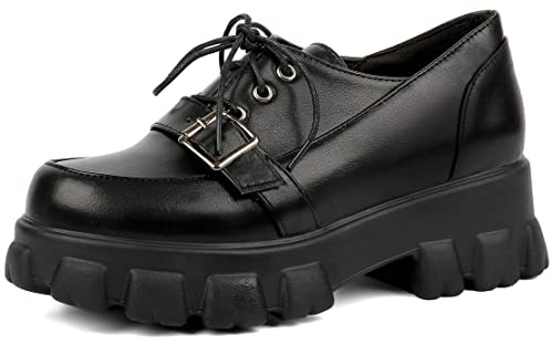 Womens Platform Oxford Shoes Chunky Platform Loafers Goth Buckle Shoes,Size 7 Black-PU