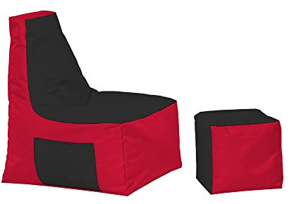 MB MILLINDABAG – Optimal Sitzsack mit Lehne & Hocker - für Kinder und Erwachsene – Sessel – Kissen – Indoor & Outdoor – Gaminggeignet & bereits gefüllt - Sitzkissen Bodenkissen (Rot - Schwarz)