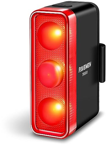 RAVEMEN TR500 500 Lumen fanale Posteriore per Bici per Guida Notturna Diurna,Luce Posteriore per Bici con sensore di frenata, USB C Ricaricabile Montare i reggisella Rotondi/aerodinamici