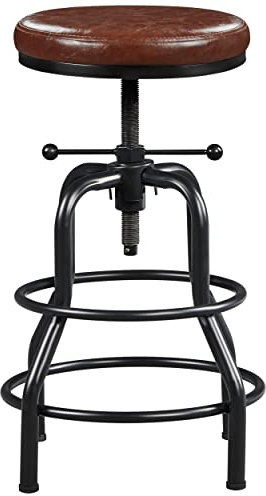 Yaheetech Tabouret de Bar Industriel en Similicuir Tabouret Haut Rond Réglable en Hauteur avec Deux Repose-Pieds Tabouret de Comptoir pour Cuisine Restaurant Design Néo-rétro Marron