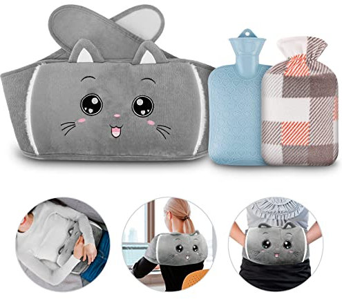 NAJILI Borsa dell'acqua calda da 1 l, in gomma con rivestimento e fodera in vita, set da 3 cinture per bottiglia d'acqua calda, per collo, spalle, schiena, piedi, riscaldamento in vita per bambini,