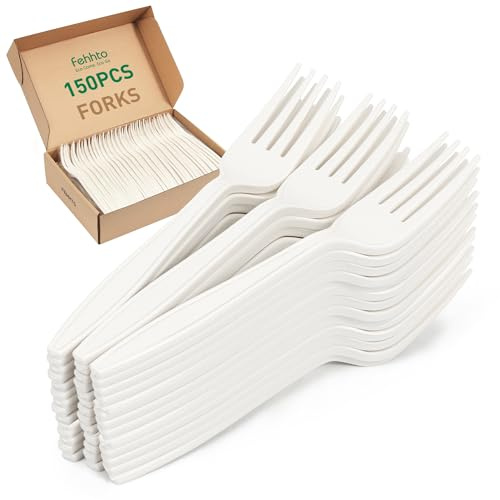 FEHHTO 100% Compostable Fork, 7 Disposable Cornstarch Forks Heavy Duty Cutlery BPI Certified Eco-Friendly Utensils Biodegradable Party Dinner Supplies No Plastic-150pcs Forks