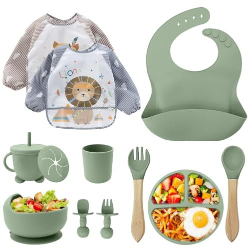CUBTEM Assiette Bebe,Lot de 12 Set Repas BéBé, Bol Cuillere Bebe,Bavoir Silicone Bebe,Assiette Ventouse Pour BéBé,Enfant Set Couverts Vaisselle Pour Sevrage Manger