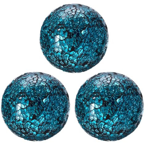 QUARKZMAN 3 Piezas de Bolas Decorativas de Vidrio de 8cm, Esferas de Vidrio Mosaico para Centros de Mesa, Cuencos, Jarrones, Mesa de Comedor, Fiesta, Azul