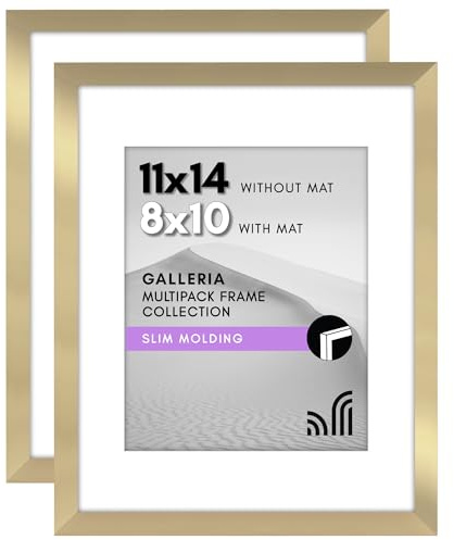 Americanflat 11 x 14 bildram med polerat plexiglas – set med 2 – använd som 8 x 10 ram med matta eller 11 x 14 ram utan matta – gallerisamling – galleriväggram set för väggvisning – guld