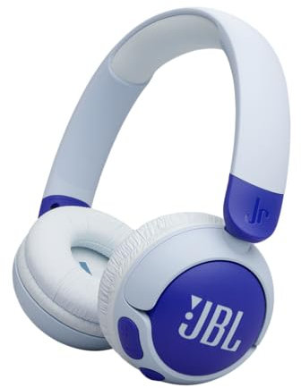 JBL Junior 320 BT, Auriculares supraaurales e inalámbricos para niños, Bluetooth, micrófono, Safe Sound, volúmen hasta 85 dB, 50 hrs de batería, Set de Pegatinas, diseño Plegable, Azul