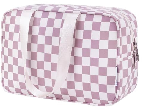 Karierte Kulturtasche Damen Gross, Kulturbeutel Groß Damen Kosmetiktasche Waschtasche Make up Tasche Organizer für Kinder and Frauen (Staubige Rosa Schachbrett)