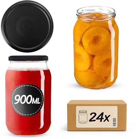 KADAX Tarros de conservas de 900 ml con tapa de rosca fi82 mm, tarros grandes con tapa Twist Off, tarros para conservas de pepinos, tarros para conservas (negro mate, 24 unidades)