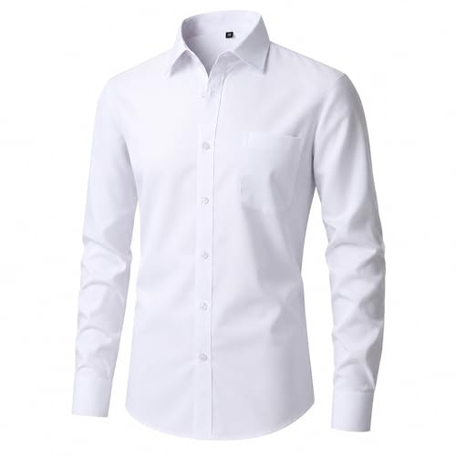InfiniZer Men's Long Sleeve Shirts Smart Casual Business Formal Shirt Button Down Shirt with Pocket for Men Adult Tops (M, White)