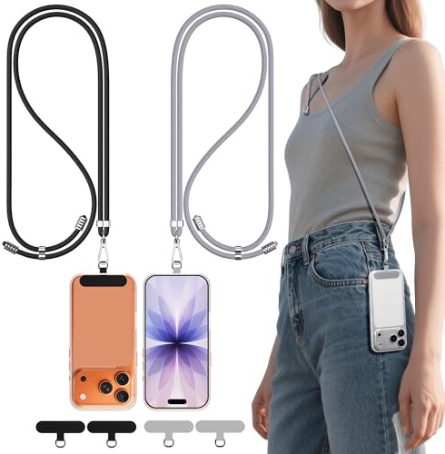 DESELL 2 Stück Handyband Zum Umhängen und 4 Stück Handy Bänd Patch,Nylon handykette universal zum Umhängen kompatibel mit Alle Smartphones,Verstellbar Handy Umhängeband,Schwarz und Grau