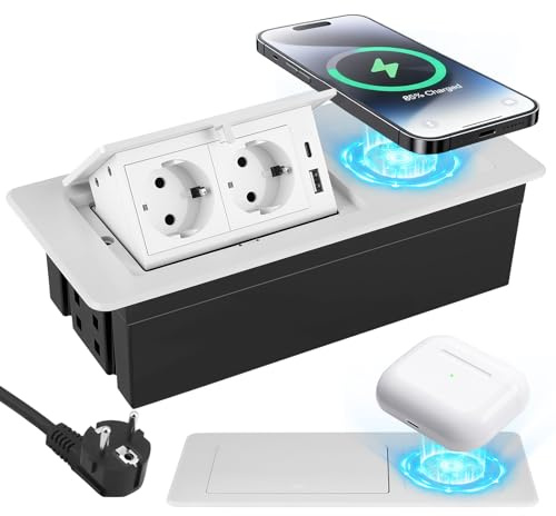 Presa a scomparsa con USB C PD 20 W e 15 W, caricabatterie wireless 5 in 1, da incasso, da tavolo, a scomparsa, per telefoni cellulari, smartwatch e cuffie, piano di lavoro, divano, casa, ufficio