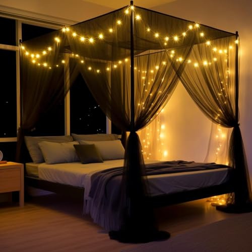 Temopow Mosquito Net Bed Canopy for Double Bed - with LED Lightstrings Four Corner Post Curtains, Elegant Drape With Hook & Rope, Screen Netting for Full (black with lights)