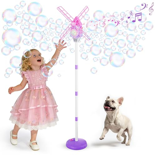 Belemar Macchina per bolle di sapone per bambini, mulino a vento in piedi con luce e musica, altezza regolabile da 1,3 m, serbatoio da 130 ml, giocattolo automatico per feste, attività all'aperto e