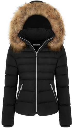 BodiLove Women's Fur Hooded Utility Jacket With Zipper and Fleece Lining Black M