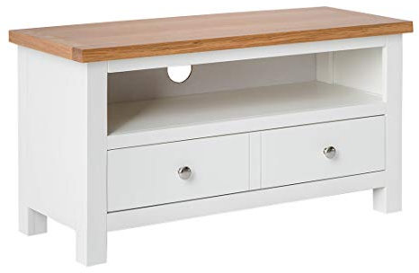 Farrow White Small TV Unit for Living Room | Roseland Furniture Fully Assembled 90 cm Painted Solid Wood Television Cabinet Stand with Oak Top Suitable for TVs up to 40 inches