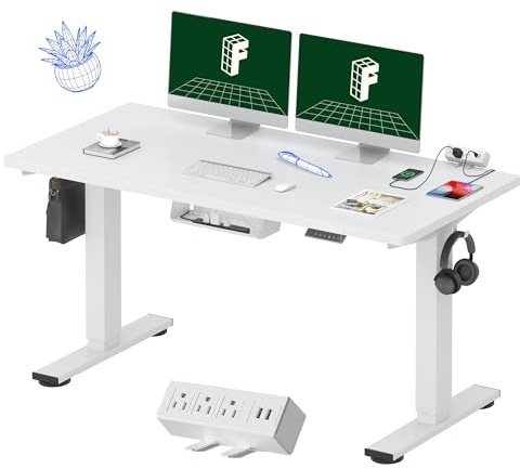 FLEXISPOT EN2 Whole-Piece Standing Desk with Clamp Power Strip, 55 x 28 Electric Stand Up Height Adjustable Desk with Cable Management (White Frame + 55 White Top,2 Packages)