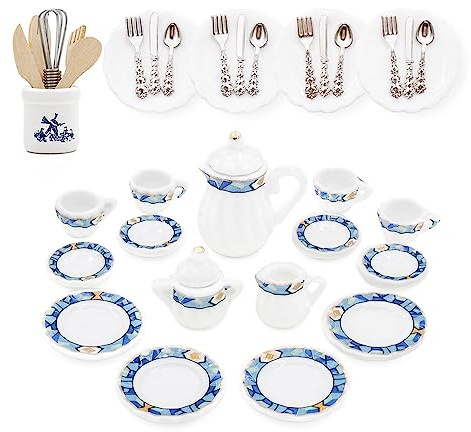 Odoria Miniaturas Escala 1/12 Conjunto de Tazas de Té 15Pzs Accesorios Casa de Muñecas con 16Pzs Platos Cubiertos Vajilla y Utensilios Cocina Miniatura, Azul Mediterráneo