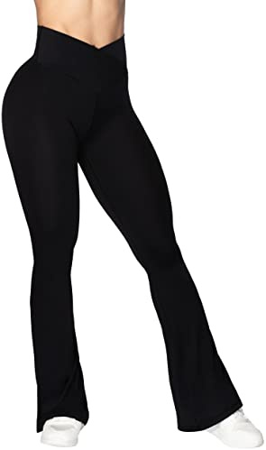 Sunzel Flare Leggings, Crossover Yoga Pants with Tummy Control, High-Waisted and Wide Leg, 30 Inseam, Black Large