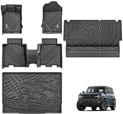 3W Ford Bronco Floor Mats & Cargo Liner & Back Seat Cover Custom Fit for 2021 2022 2023 2024 2025 Bronco 4 Door All Weather Custom Fit Ford Bronco Accessories (Not for Sport & Rubberized Floor)