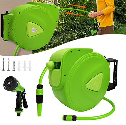 JOIEYOU Carrete de manguera automático, enrollador de manguera de jardín, caja de manguera de pared con tope de bloqueo, incluye ducha de mano y conexiones, 30 m + 2 m, color verde