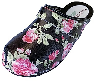 Solema TRIS Leather Slip-on Womens Clogs Mules Slippers Sabot Shoes, Black Roses, EU 38, UK 5