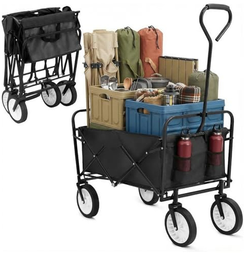 Chariot de Jardin Pliable, 98L Charge maximale 80 kg, Chariot de Transport avec Poche Latérale, Roues Orientables à 360 °, Chariot de Plage à Main, pour Randonnée, Shopping, Camping, Noir