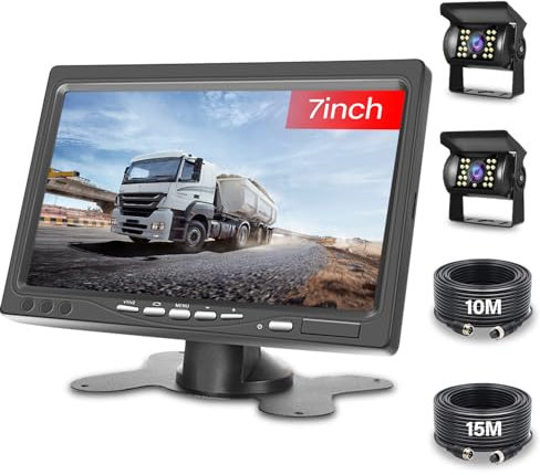 Monitor 7 Pulgadas con Camara Marcha Atras - Monitor de Coche con Soporte de cámara de Marcha atrás IP67 Impermeable 18IR visión Nocturna - 2 Cámaras retrovisoras+2 Cables para camión/autobús/Tractor