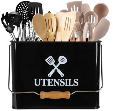 Xbopetda Kitchen Utensil Holder, Black Cutlery Rack with T Compartment, Metal Utensil Organizer with Wooden Handle, Farmhouse Utensil Caddy for Kitchen Decor, Cooking Tools Storage for Countertop