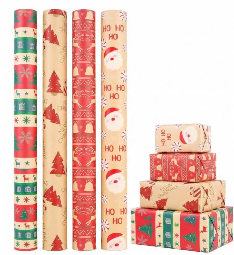 Christmas Wrapping Paper Roll,Cydaluya 4 Roll Recyclable Kraft Christma Wrapping roll,43cm*3m Xmas Wrapping Paper Rolls with 4 Vintage Designs for Christmas Decoration.