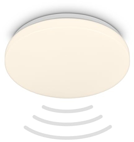 BRILONER - LED Deckenlampe mit Bewegungsmelder 3m Reichweite IP54, Warmweiße Lichtfarbe, 120 Grad Erfassung, Deckenleuchte, LED Lampe, Badlampe, Badezimmerlampe, Küchenlampe, 27x6,5 cm, Weiß