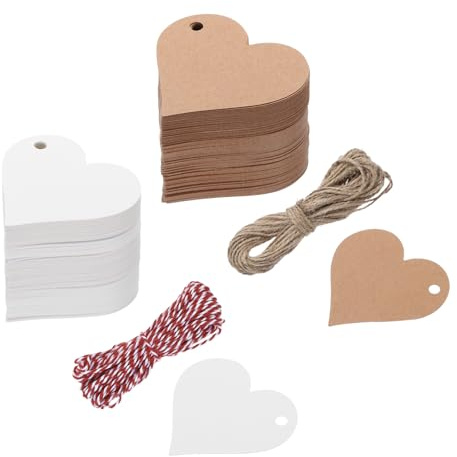 QUARKZMAN 100 stycken presentetiketter kraftpapper vita etiketter gåva hängande etiketter, hjärta kort med 10 meter jutesnöre röd för presentförpackning jul