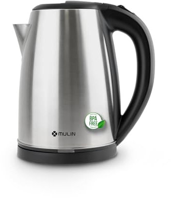 MULIN Bollitore Elettrico in Acciaio Inox, 2L, 1500W Ebollizione Rapida, Base Girevole a 360° Spegnimento Automatico, Senza BPA Indicatore Acqua, Ideale per Tè e Caffè