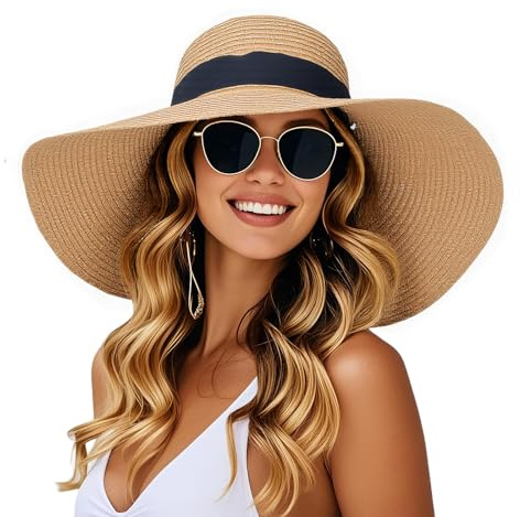 powerking Wide Brim Straw Sun Hat, UV Protection Summer Hat Packable Foldable Floppy Beach Sun Hats for Womens, Coffee