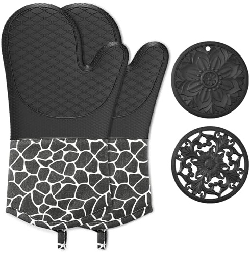 BAIWANT Silicone Oven Mitts, Double Oven Gloves Heat Resistant, Non-Slip BBQ Gloves Waterproof Kitchen Gloves 1 Pair and 2 Pot Holders for Kitchen Cooking Baking BBQ (Black)