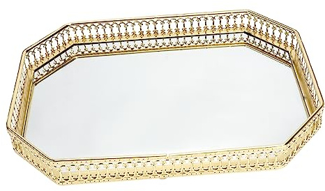 HAMPPLIES Bandeja de Almacenamiento de Vidrio con Espejo Estilo Nórdico Bandeja de Hierro Decorativa para Joyas y Cosméticos Diseño Geométrico para Salón Grande Rectangular