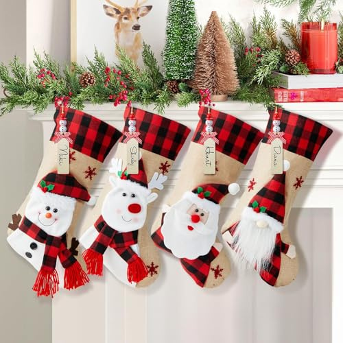 Fdouyo Nikolausstrumpf, 4 Stück Nikolausstiefel mit 4 Stück Namensschilder zum Befüllen & Aufhängen, Nikolaussocke Weihnachtsdekoration für Kamin, Weihnachtsbaum, Wand, Treppe