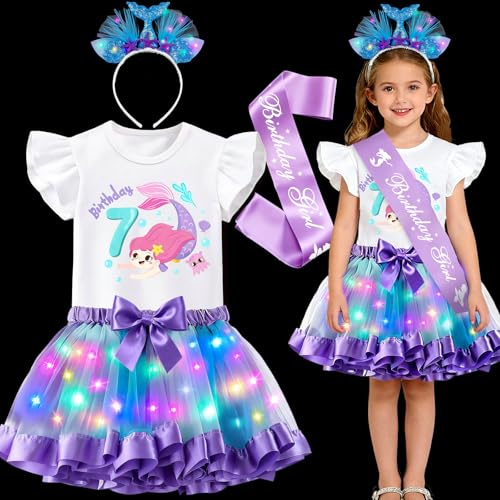 Mishopy Luminosa LED Disfraz Sirena Niña, Cumpleaños Camisa, Tutu Falda Tul Colores, Diadema Sirena, Banda Birthday Vestido Carnaval Disfraz para Navidad Cumpleaños Halloween (7 Años)