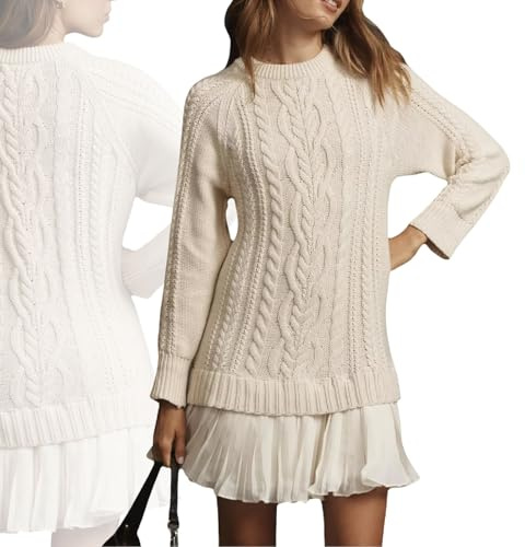 Robe Pull en torsadée for Femme, col Ras du Cou, Manches Longues, Mini-Robe plissée, Style Patchwork ﻿