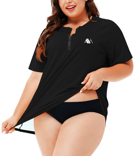 Damen UV Shirt Neopren Shirt Übergröße Rashguard Kurzarm Badeshirt 1/4 Zip Schwimmshirt Schwarz XXL