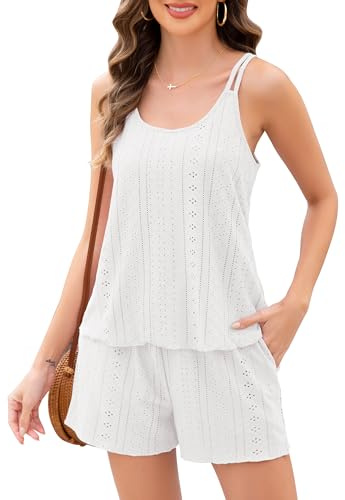 Sopesil Pigiama Donna Estivo Canotta Pigiama Due Pezzi Senza Maniche Completo Leggero Donna Pigiami Moda e Comodo Bianco,M