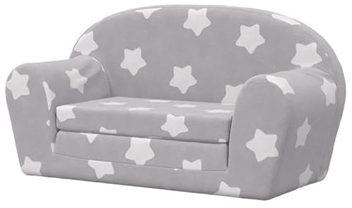 Eleganz Sofá cama infantil de 2 plazas en gris claro con estrellas, felpa suave (100% poliéster), cómodo mueble para bebés y niños pequeños para sueños dulces