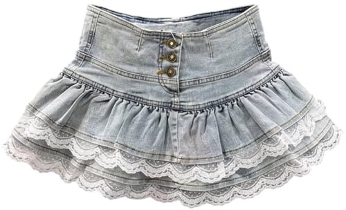 Lpitoy Jupe Courte Plissée en Jean Vintage pour Femme, Coupe Trapèze, avec Dentelle Short Intégré, Style Américain Épicé Y2k Coréen